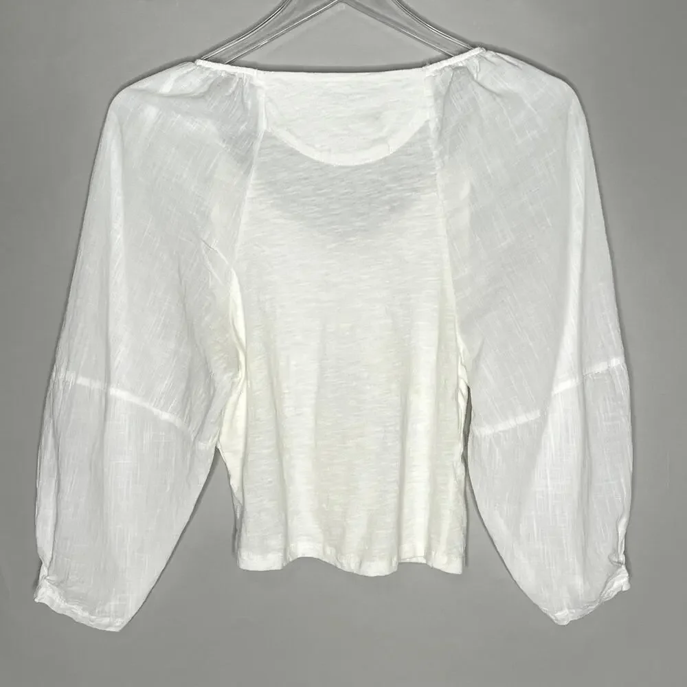 Anthropologie S Womens Ivory V Neck Ruched Knit Top Puff Sleeve *flaw